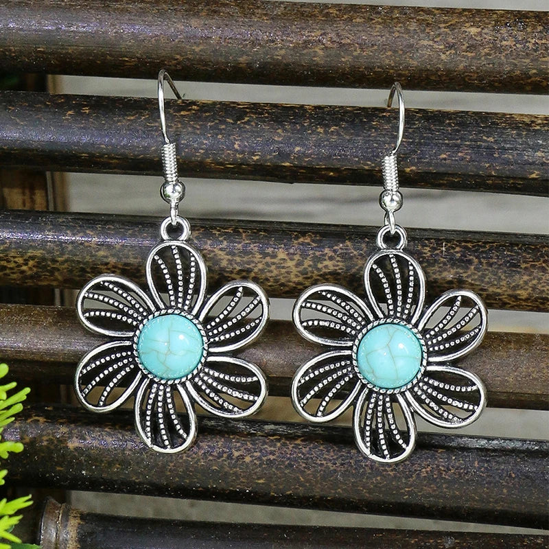 011 - Bohemian Vintage Tibetan Silver & Turquoise Geometric Drop Earrings