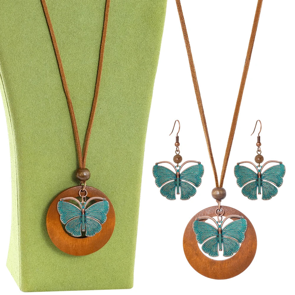 011 - Vintage Verdigris Boho Butterfly Necklace & Earrings Set