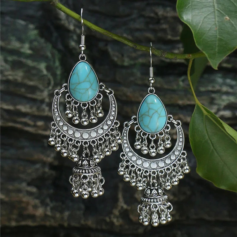 011 - Bohemian Vintage Tibetan Silver & Turquoise Geometric Drop Earrings