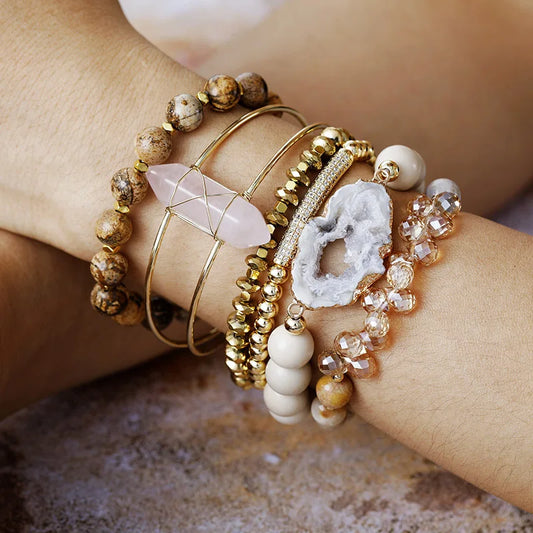 011 - Natural Crystal Druzy Beaded Bracelet and Bangle Set