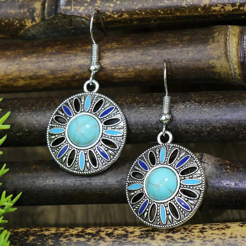 011 - Bohemian Vintage Tibetan Silver & Turquoise Geometric Drop Earrings