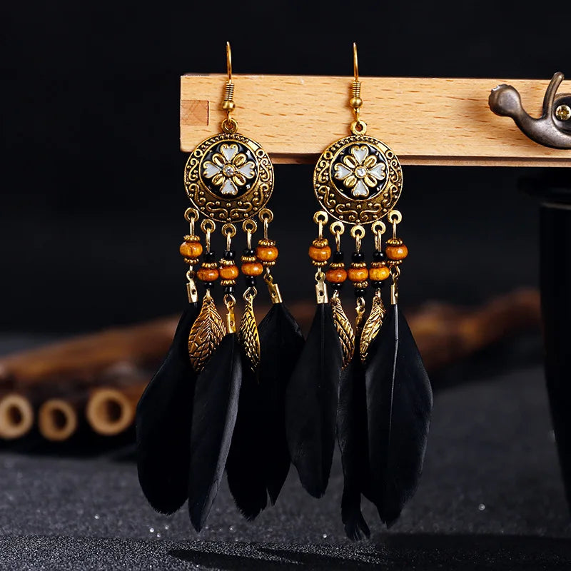 011 - Bohemian Vintage Leaf Feather Earrings