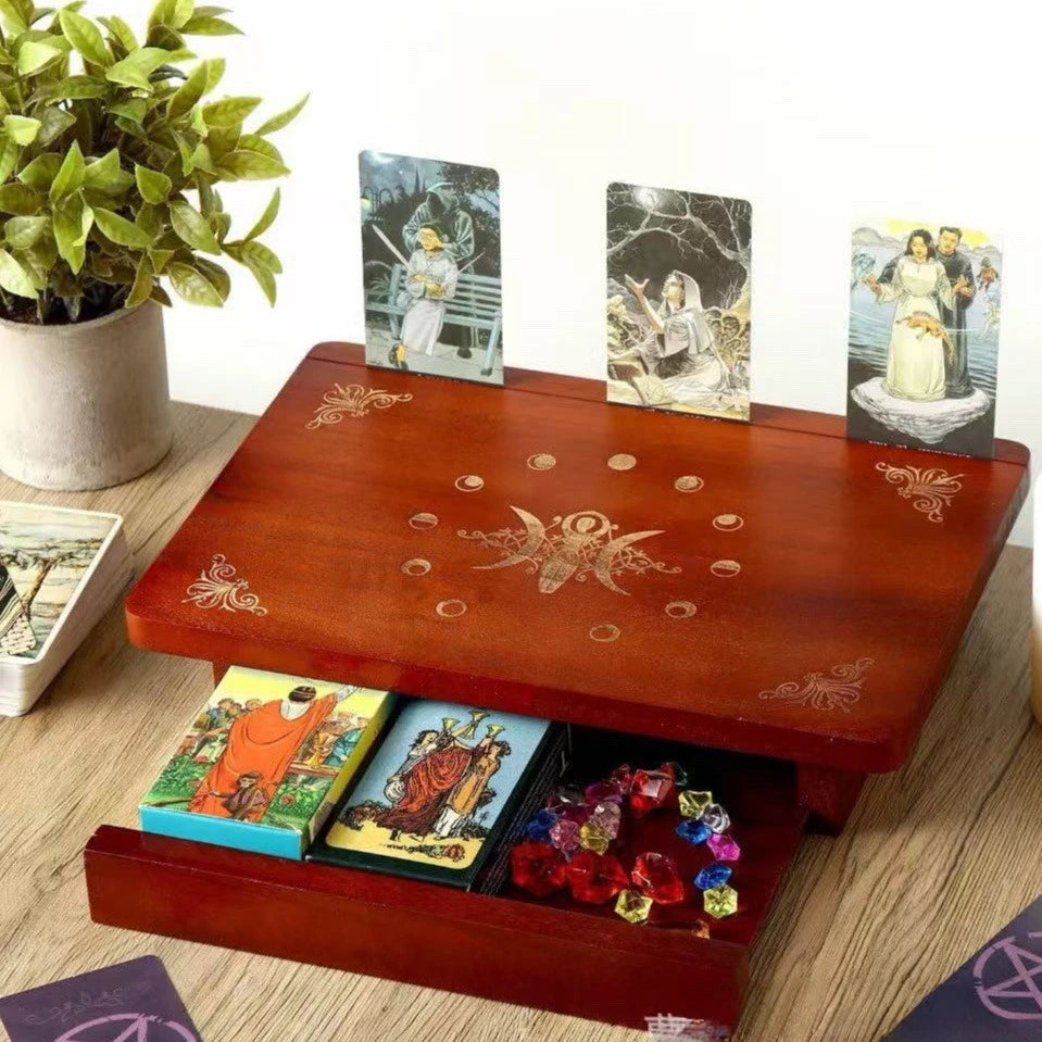 002 - Vintage Wood Ritual Altar Table w/ Tarot Card Holder