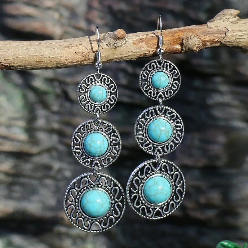 011 - Bohemian Vintage Tibetan Silver & Turquoise Geometric Drop Earrings