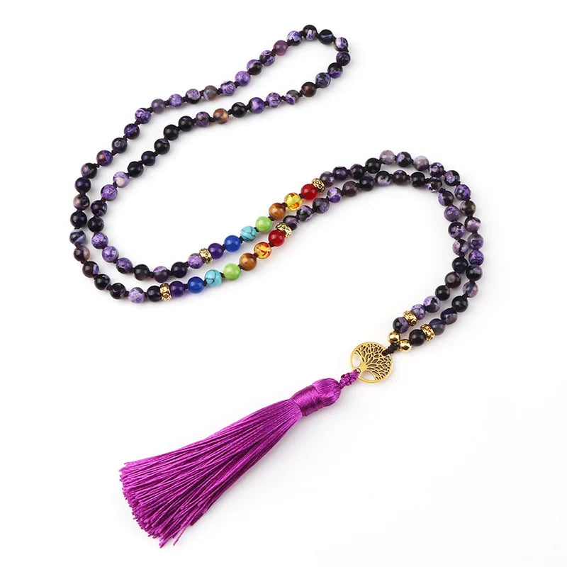 012 - Natural Agate Stone Chakra 108 Mala Beads Meditation Necklace