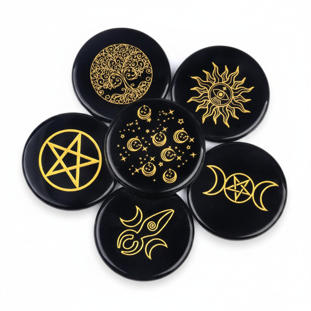 002 - Wiccan Engraved Obsidian Palm Stone for Healing