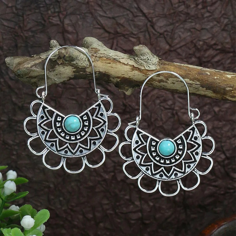 011 - Bohemian Vintage Tibetan Silver & Turquoise Geometric Drop Earrings