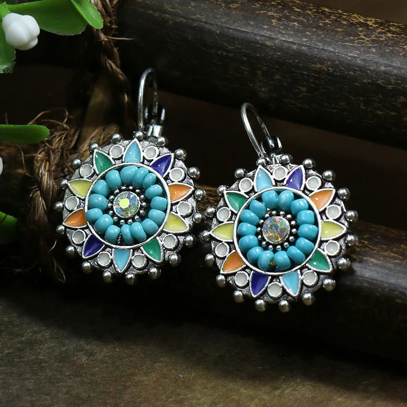 011 - Bohemian Vintage Tibetan Silver & Turquoise Geometric Drop Earrings