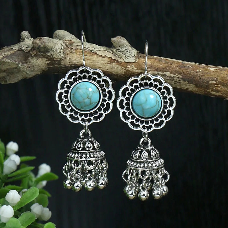 011 - Bohemian Vintage Tibetan Silver & Turquoise Geometric Drop Earrings