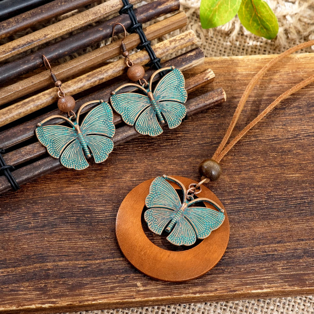 011 - Vintage Verdigris Boho Butterfly Necklace & Earrings Set