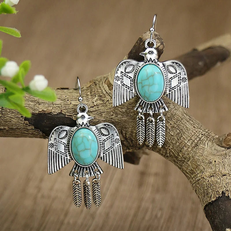 011 - Bohemian Vintage Tibetan Silver & Turquoise Geometric Drop Earrings