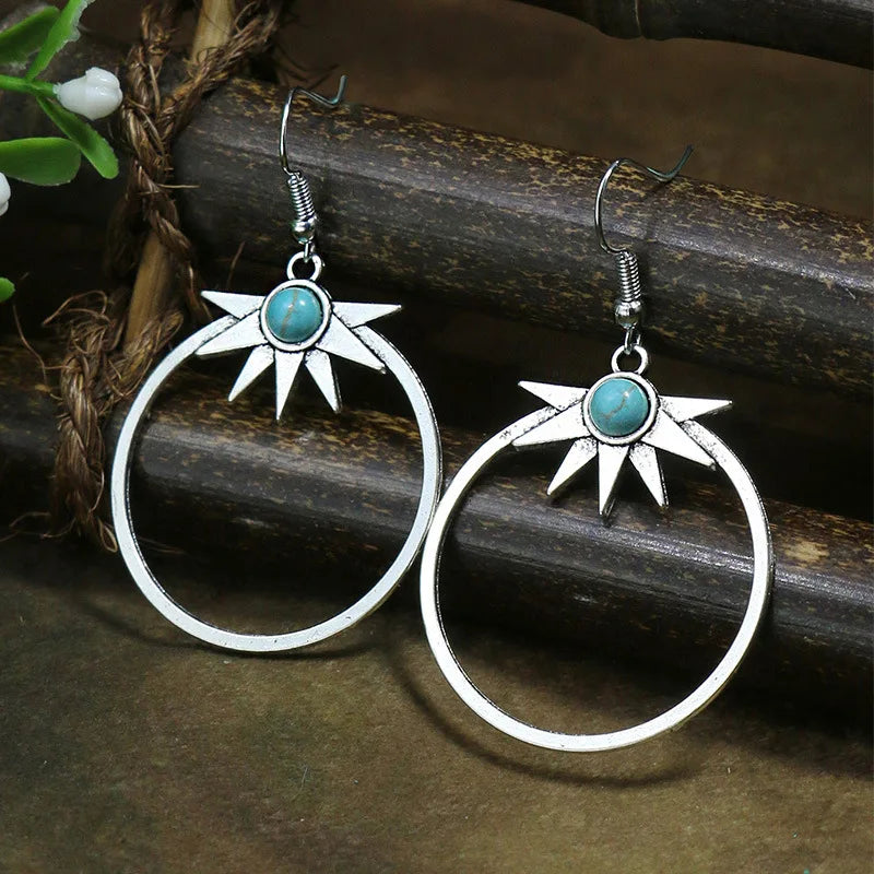 011 - Bohemian Vintage Tibetan Silver & Turquoise Geometric Drop Earrings