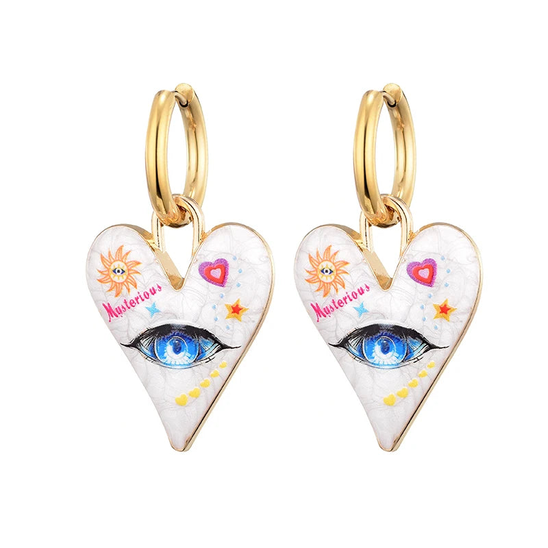 011 - Heart & Eye Stainless Steel Drop Charm Earrings