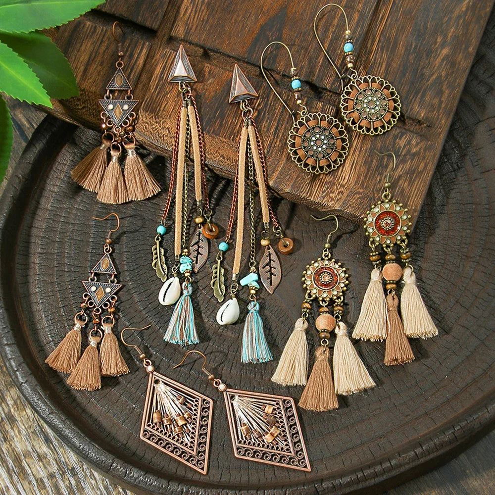 011 - Vintage Boho Charm Drop Earrings with Tassels