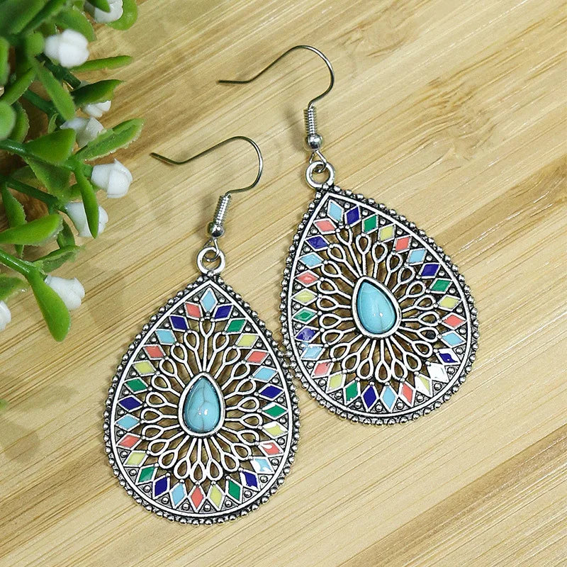 011 - Bohemian Vintage Tibetan Silver & Turquoise Geometric Drop Earrings