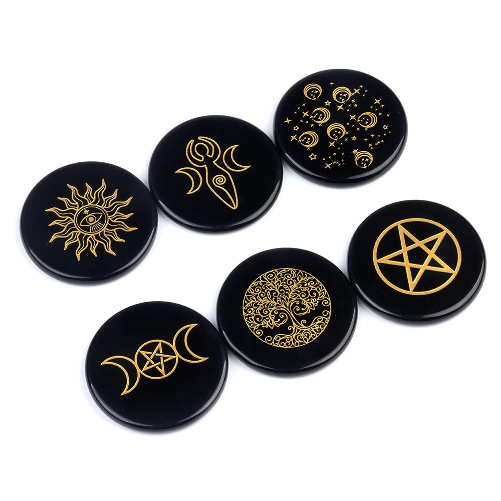 002 - Wiccan Engraved Obsidian Palm Stone for Healing