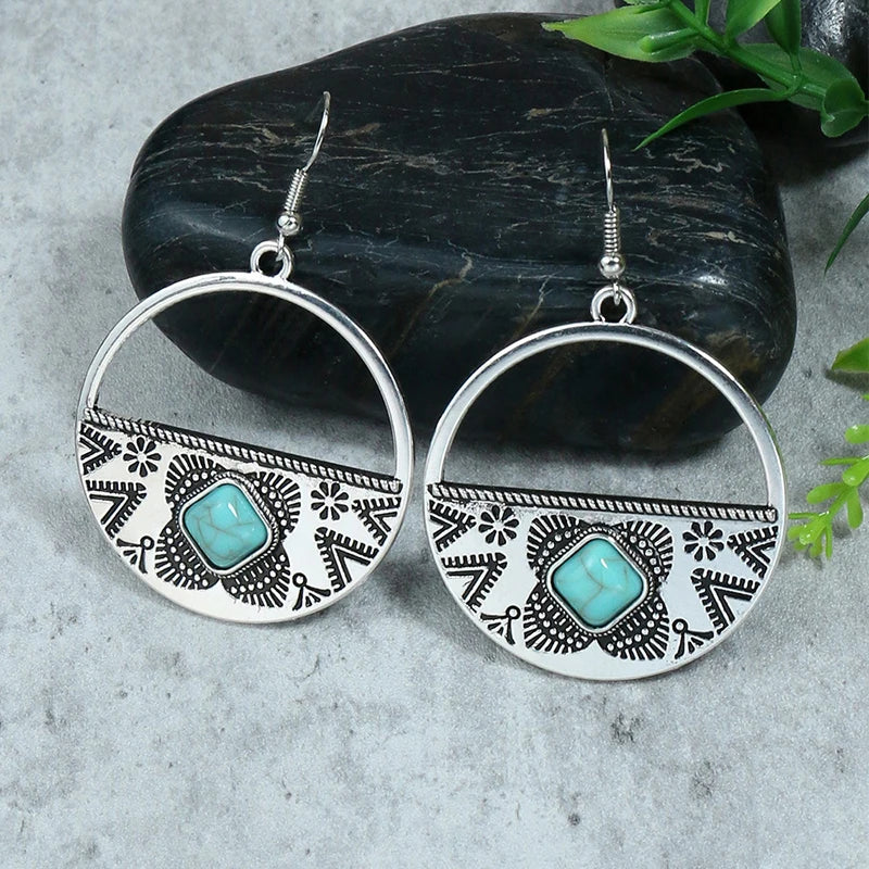 011 - Bohemian Vintage Tibetan Silver & Turquoise Geometric Drop Earrings