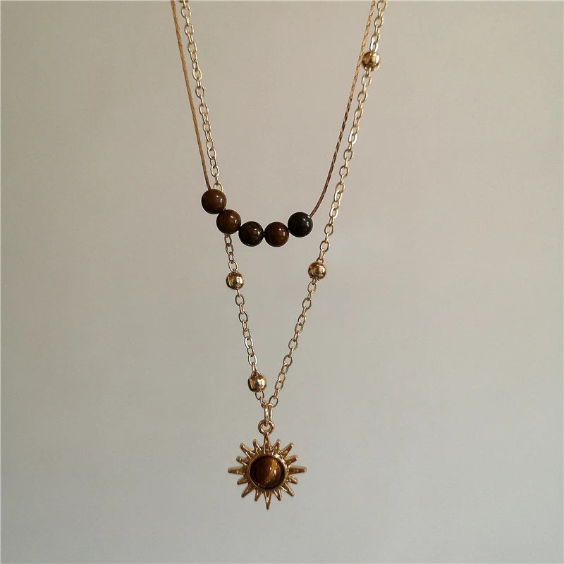 011 - Tiger's Eye Sun Multi-Layered Pendant Necklace