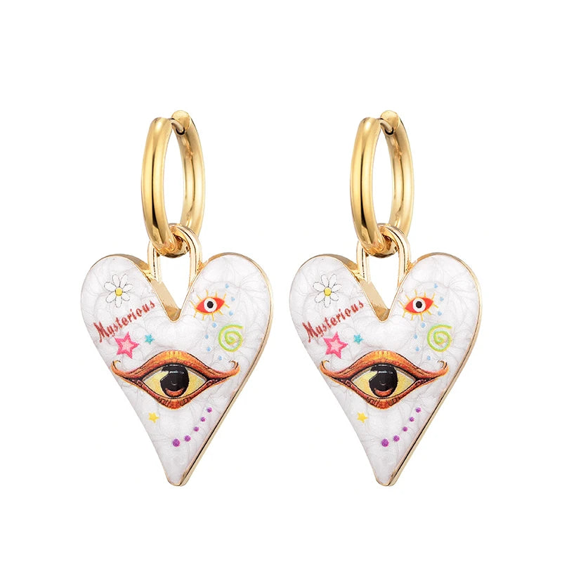 011 - Heart & Eye Stainless Steel Drop Charm Earrings