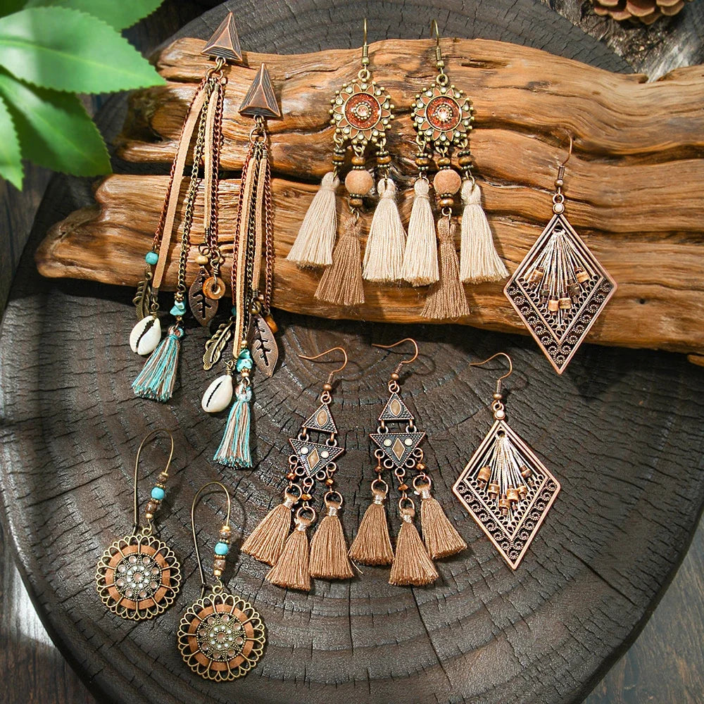 011 - Vintage Boho Charm Drop Earrings with Tassels