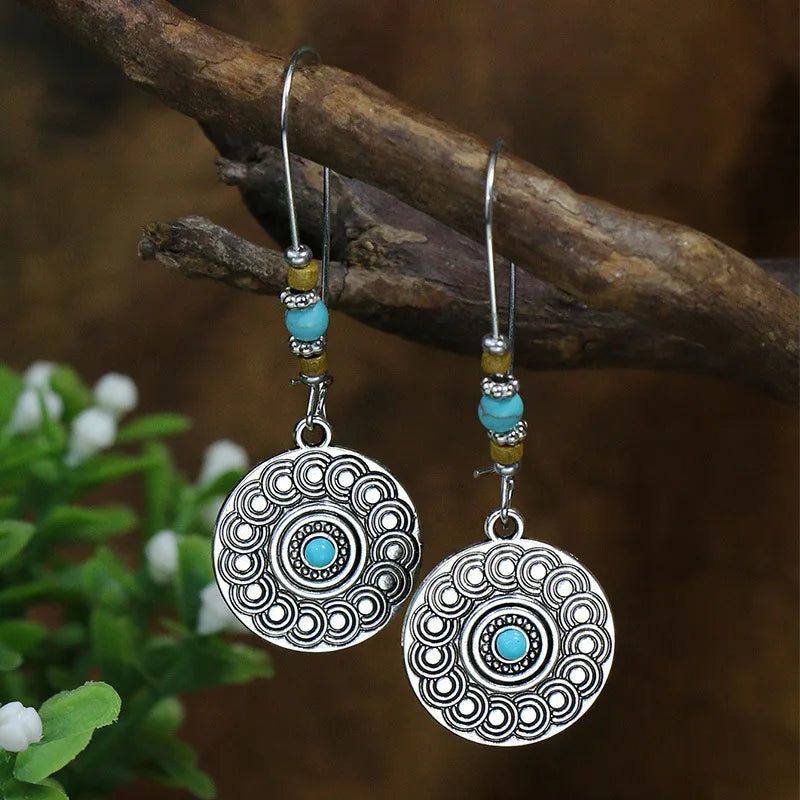 011 - Bohemian Vintage Tibetan Silver & Turquoise Geometric Drop Earrings