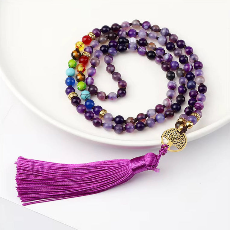 012 - Natural Agate Stone Chakra 108 Mala Beads Meditation Necklace