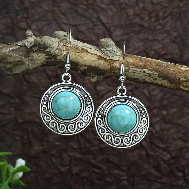 011 - Bohemian Vintage Tibetan Silver & Turquoise Geometric Drop Earrings
