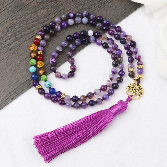 012 - Natural Agate Stone Chakra 108 Mala Beads Meditation Necklace