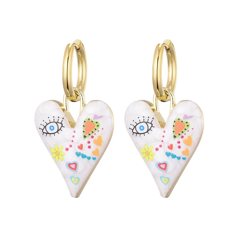 011 - Heart & Eye Stainless Steel Drop Charm Earrings