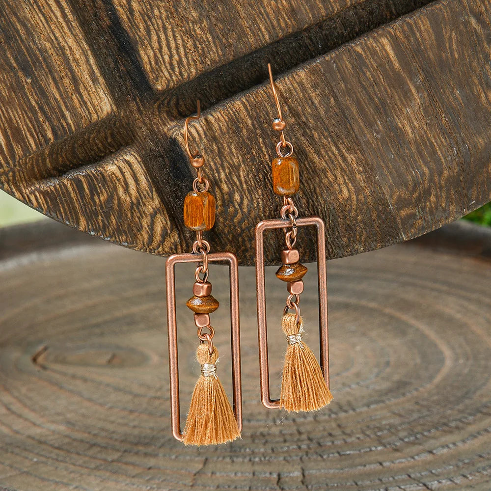 011 - Wooden Bohemian Drop Charm Earrings