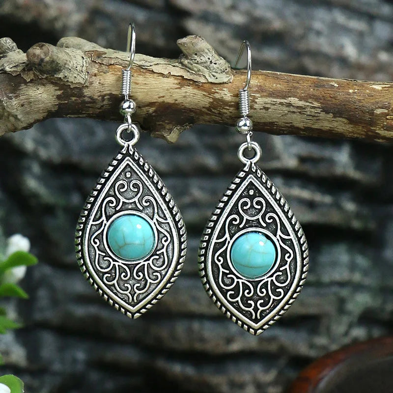 011 - Bohemian Vintage Tibetan Silver & Turquoise Geometric Drop Earrings