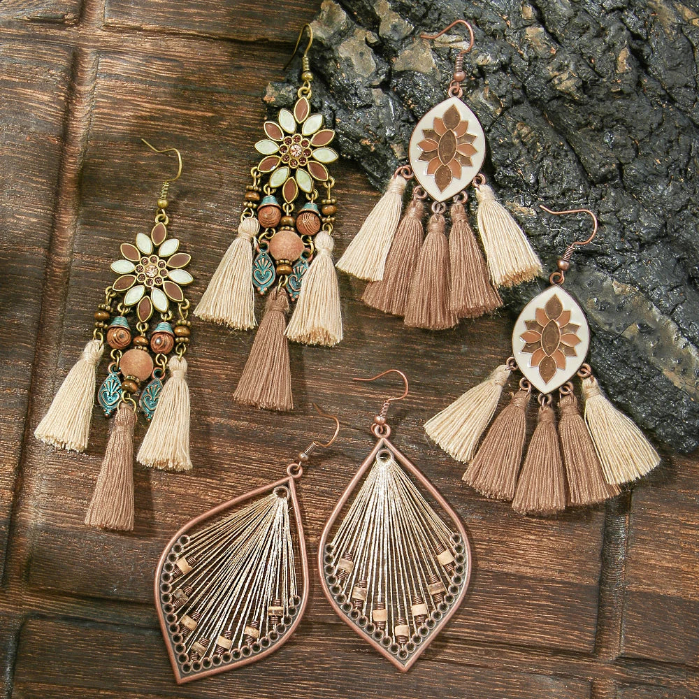 011 - Vintage Boho Charm Drop Earrings with Tassels