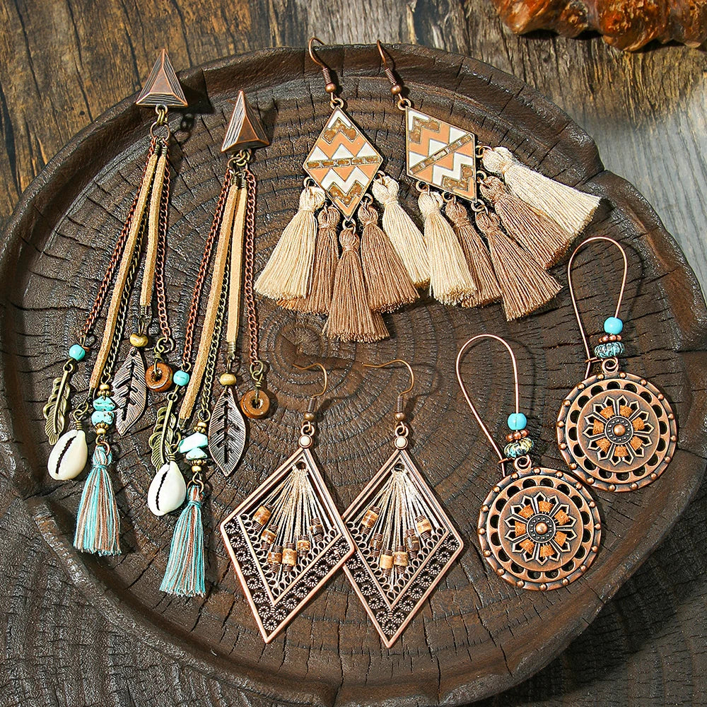 011 - Vintage Boho Charm Drop Earrings with Tassels