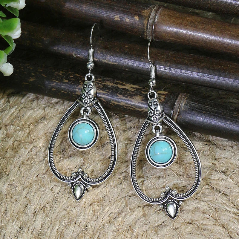 011 - Bohemian Vintage Tibetan Silver & Turquoise Geometric Drop Earrings