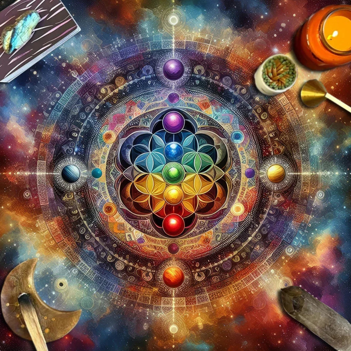 Colorful divination altar cloth and wall hanging with mandala design with celestial elements 