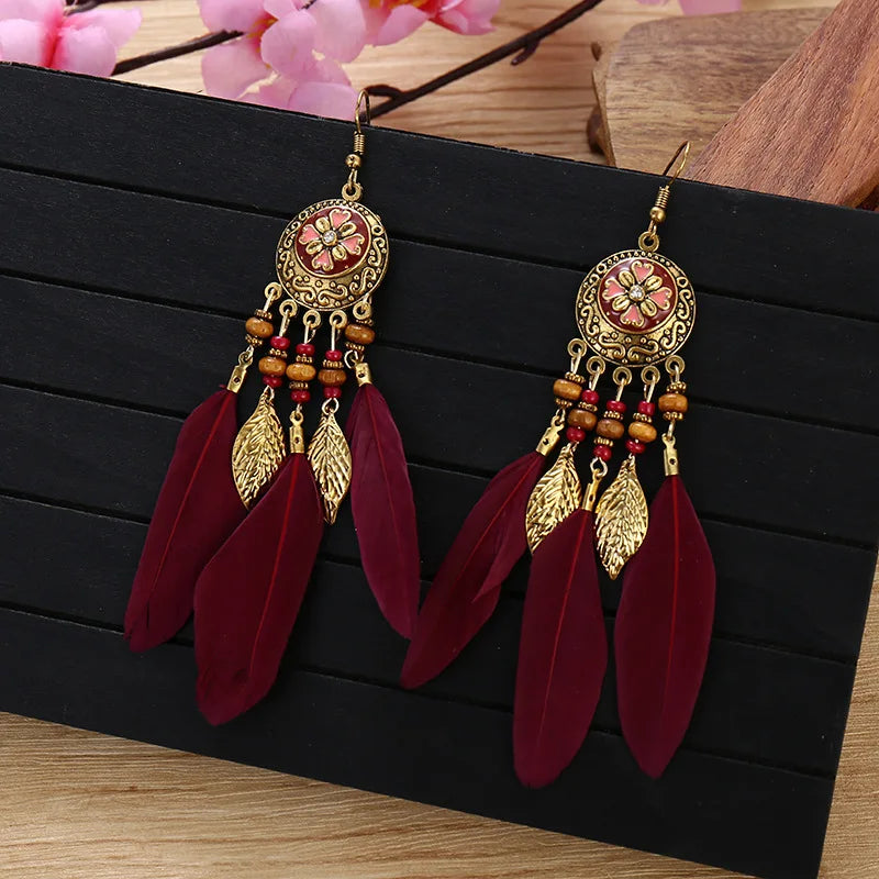 011 - Bohemian Vintage Leaf Feather Earrings