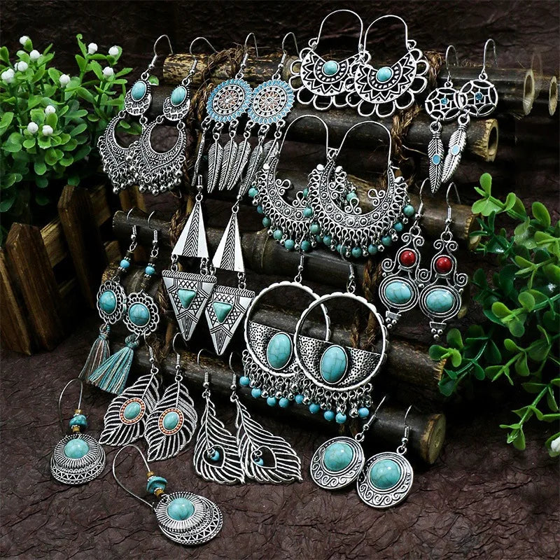 011 - Bohemian Vintage Tibetan Silver & Turquoise Geometric Drop Earrings