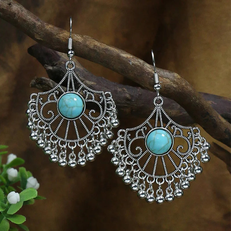 011 - Bohemian Vintage Tibetan Silver & Turquoise Geometric Drop Earrings