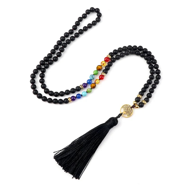 012 - Natural Agate Stone Chakra 108 Mala Beads Meditation Necklace