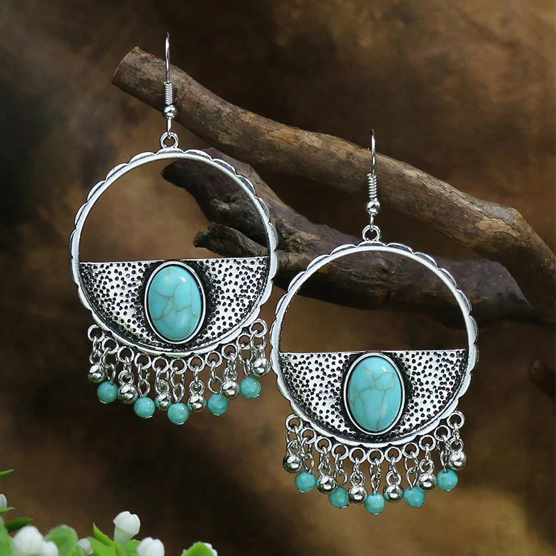 011 - Bohemian Vintage Tibetan Silver & Turquoise Geometric Drop Earrings