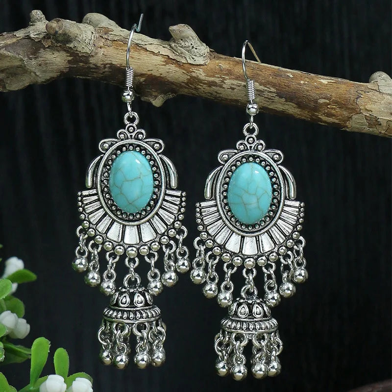 011 - Bohemian Vintage Tibetan Silver & Turquoise Geometric Drop Earrings