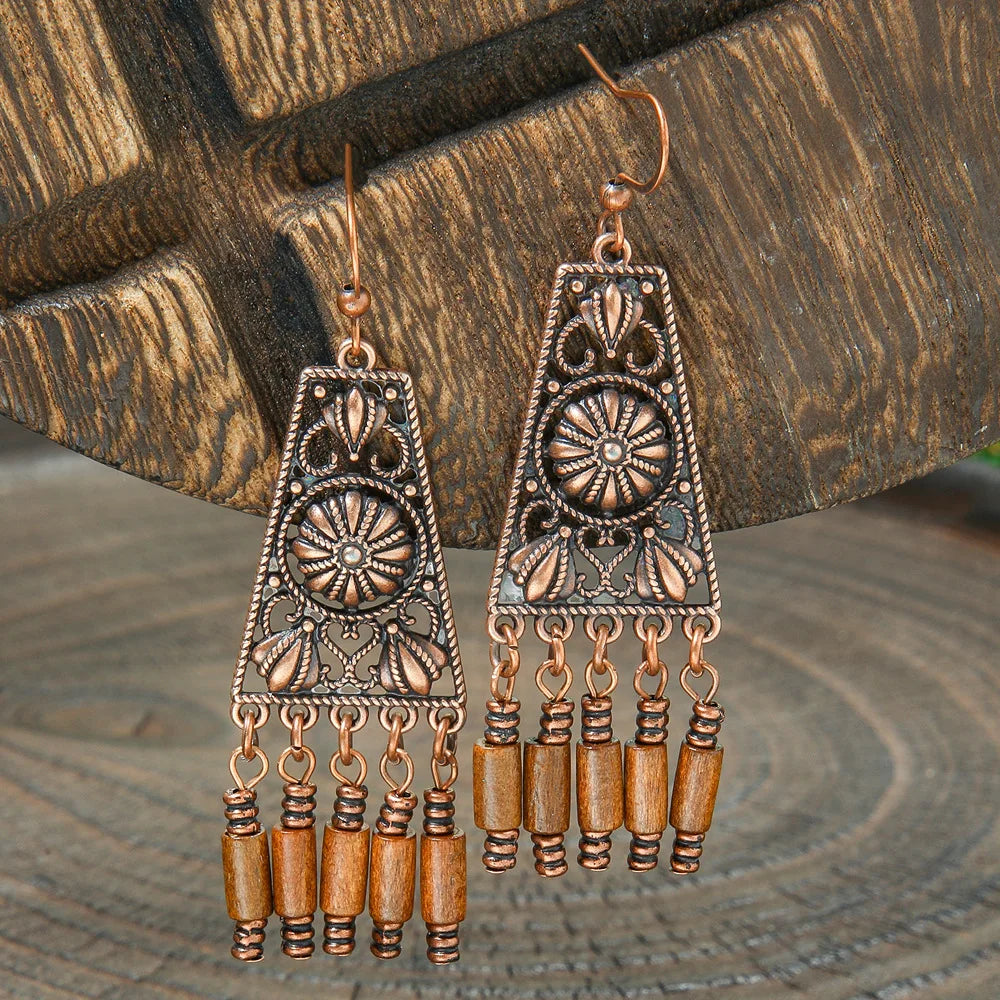 011 - Wooden Bohemian Drop Charm Earrings