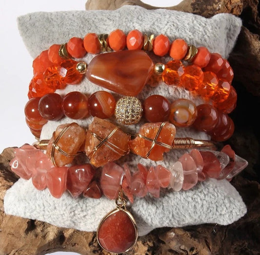 011 - Natural Stone Crystal Stackable Bracelet Set w/ Bangle