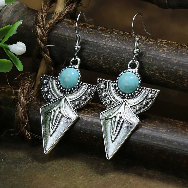 011 - Bohemian Vintage Tibetan Silver & Turquoise Geometric Drop Earrings