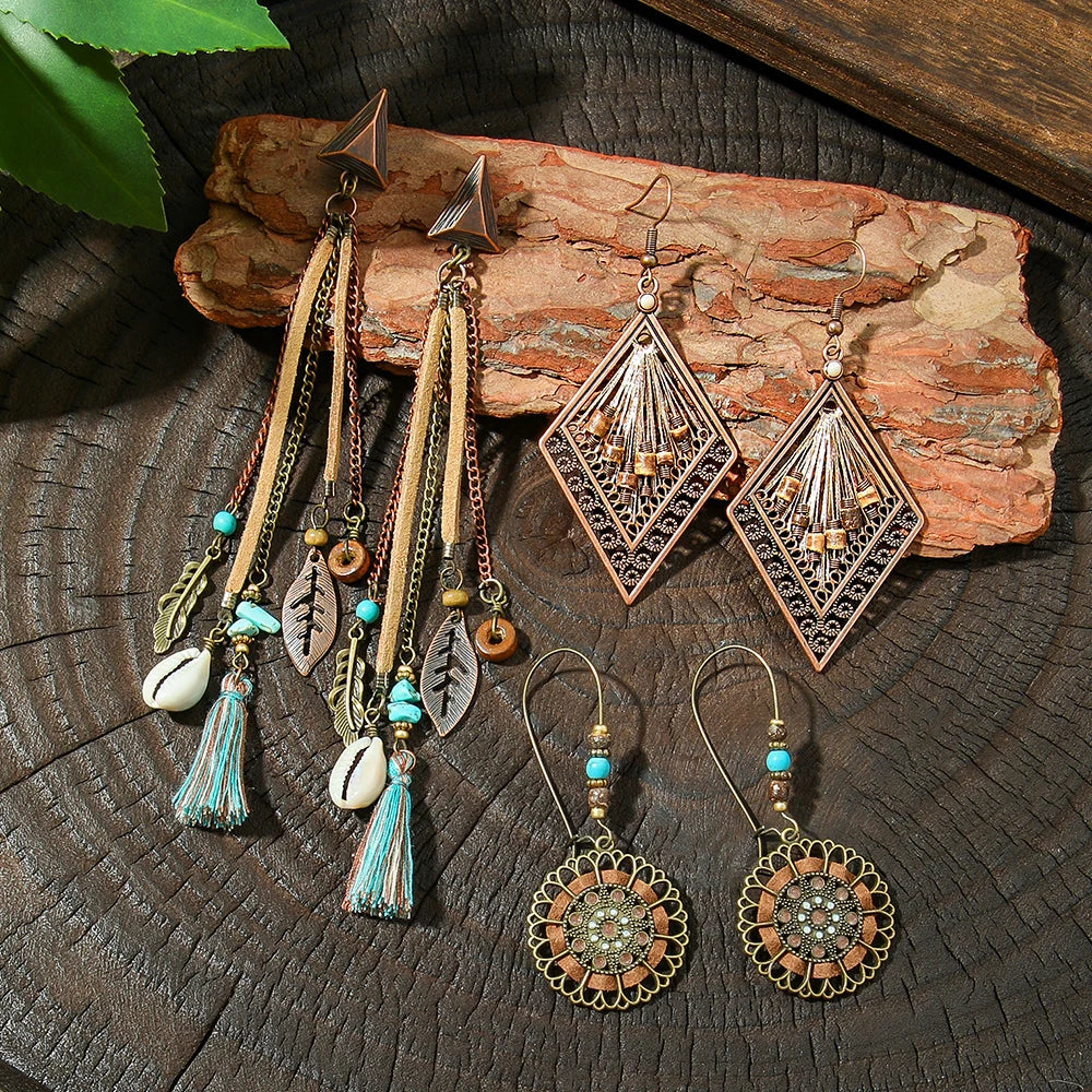 011 - Vintage Boho Charm Drop Earrings with Tassels