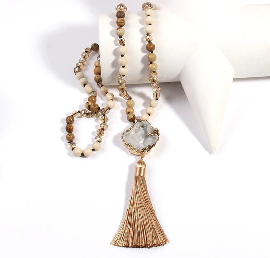 011 - Bohemian Natural Stones Crystal Knotted Druzy Stone w/ Tassle