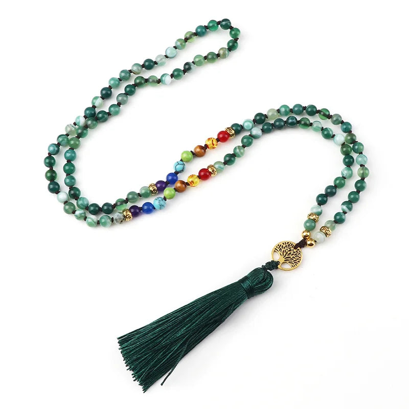 012 - Natural Agate Stone Chakra 108 Mala Beads Meditation Necklace