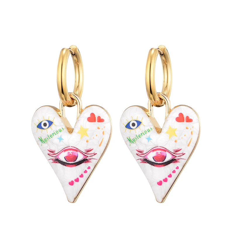 011 - Heart & Eye Stainless Steel Drop Charm Earrings
