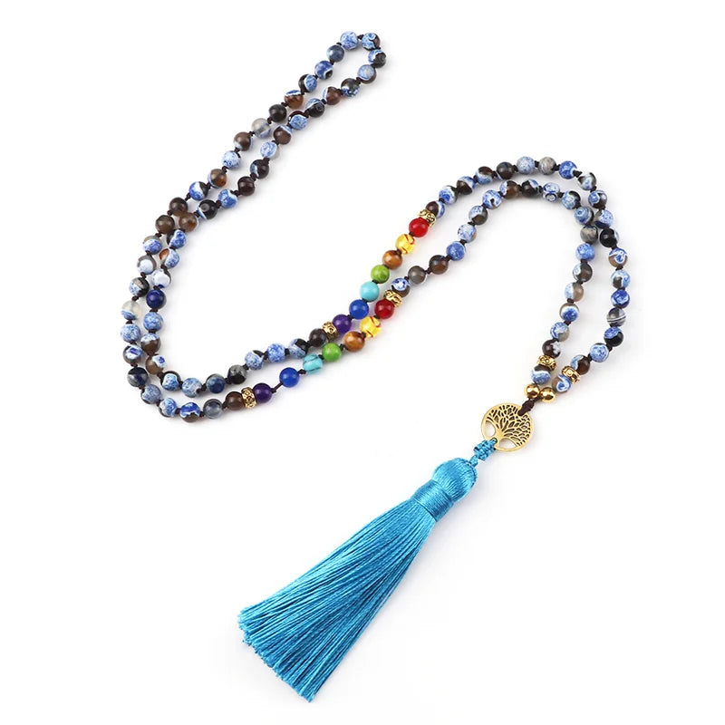 012 - Natural Agate Stone Chakra 108 Mala Beads Meditation Necklace