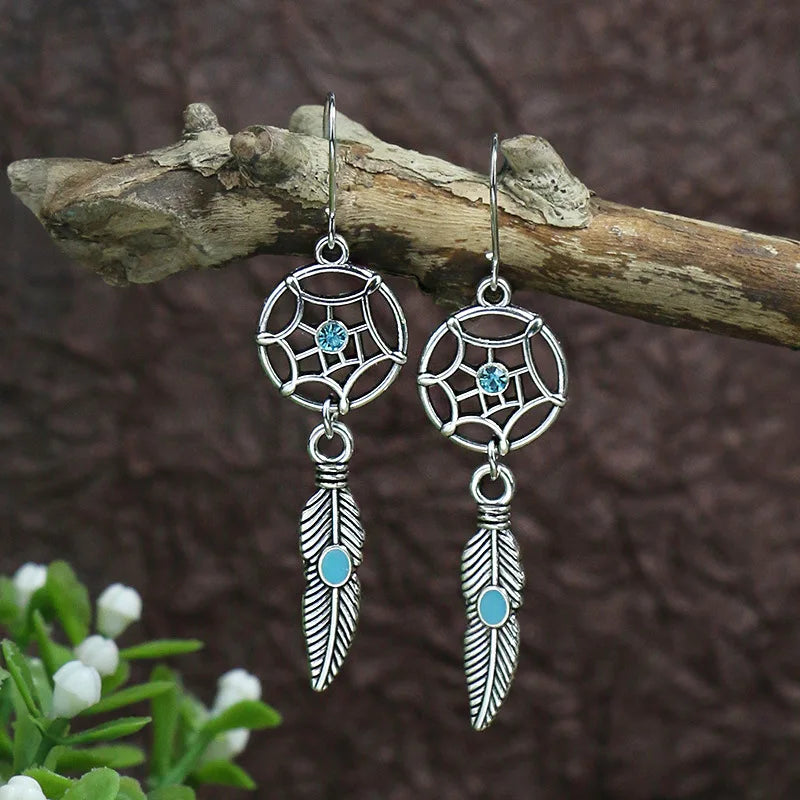 011 - Bohemian Vintage Tibetan Silver & Turquoise Geometric Drop Earrings